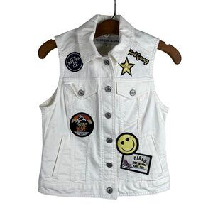 Express Jeans Denim Vest Size XS Button Front Patches Cotton Blend White New